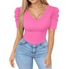 image:imageMANGOPOP Womens Bodysuit Deep V Neck Puff Short Sleeve Fitted Body Suits Casual Blouse Tops ElegantBlush