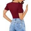 image:imageMANGOPOP Womens Bodysuit Deep V Neck Puff Short Sleeve Fitted Body Suits Casual Blouse Tops ElegantBurgundy