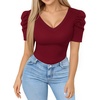 image:imageMANGOPOP Womens Bodysuit Deep V Neck Puff Short Sleeve Fitted Body Suits Casual Blouse Tops ElegantBurgundy