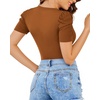 image:imageMANGOPOP Womens Bodysuit Deep V Neck Puff Short Sleeve Fitted Body Suits Casual Blouse Tops ElegantCamel