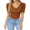 image:imageMANGOPOP Womens Bodysuit Deep V Neck Puff Short Sleeve Fitted Body Suits Casual Blouse Tops ElegantCamel