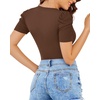 image:imageMANGOPOP Womens Bodysuit Deep V Neck Puff Short Sleeve Fitted Body Suits Casual Blouse Tops ElegantCoffee