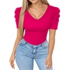 image:imageMANGOPOP Womens Bodysuit Deep V Neck Puff Short Sleeve Fitted Body Suits Casual Blouse Tops ElegantHot Pink