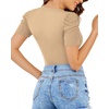 image:imageMANGOPOP Womens Bodysuit Deep V Neck Puff Short Sleeve Fitted Body Suits Casual Blouse Tops ElegantMocha