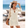image:imageMANGOPOP Womens Crochet Swimsuit Cover Up 34 Sleeve Bathing Suit Cover Ups Knit Cutout Vacation Beach Coverup DressAcream White