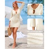 image:imageMANGOPOP Womens Crochet Swimsuit Cover Up 34 Sleeve Bathing Suit Cover Ups Knit Cutout Vacation Beach Coverup DressAcream White