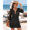 image:imageMANGOPOP Womens Crochet Swimsuit Cover Up 34 Sleeve Bathing Suit Cover Ups Knit Cutout Vacation Beach Coverup DressBlack