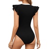 image:imageMANGOPOP Womens Deep V Neck Ruffle Sleeveless Body Suits Tank Top Bodysuit Going Out Sexy Fitted Summer Trendy OutfitsContrast Black
