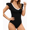image:imageMANGOPOP Womens Deep V Neck Ruffle Sleeveless Body Suits Tank Top Bodysuit Going Out Sexy Fitted Summer Trendy OutfitsContrast Black