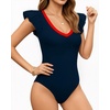 image:imageMANGOPOP Womens Deep V Neck Ruffle Sleeveless Body Suits Tank Top Bodysuit Going Out Sexy Fitted Summer Trendy OutfitsContrast Navy Blue