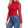 image:imageMANGOPOP Womens Mock Turtle Neck Bodysuit Mesh Long Sleeve Body Suit Sexy Sheer Going Out Tops03 Red