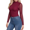 image:imageMANGOPOP Womens Mock Turtle Neck Bodysuit Mesh Long Sleeve Body Suit Sexy Sheer Going Out Tops04 Burgundy