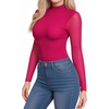 image:imageMANGOPOP Womens Mock Turtle Neck Bodysuit Mesh Long Sleeve Body Suit Sexy Sheer Going Out Tops06 Rose Pink