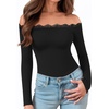 image:imageMANGOPOP Womens Off The Shoulder Long Sleeve Bodysuit Lace Body Suits Sexy Tops Fall Outfit 202501 Black
