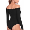 image:imageMANGOPOP Womens Off The Shoulder Long Sleeve Bodysuit Lace Body Suits Sexy Tops Fall Outfit 202501 Black