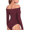 image:imageMANGOPOP Womens Off The Shoulder Long Sleeve Bodysuit Lace Body Suits Sexy Tops Fall Outfit 2025Burgundy