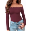 image:imageMANGOPOP Womens Off The Shoulder Long Sleeve Bodysuit Lace Body Suits Sexy Tops Fall Outfit 2025Burgundy