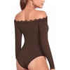 image:imageMANGOPOP Womens Off The Shoulder Long Sleeve Bodysuit Lace Body Suits Sexy Tops Fall Outfit 2025Coffee