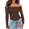 image:imageMANGOPOP Womens Off The Shoulder Long Sleeve Bodysuit Lace Body Suits Sexy Tops Fall Outfit 2025Coffee