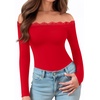 image:imageMANGOPOP Womens Off The Shoulder Long Sleeve Bodysuit Lace Body Suits Sexy Tops Fall Outfit 2025Red