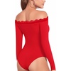 image:imageMANGOPOP Womens Off The Shoulder Long Sleeve Bodysuit Lace Body Suits Sexy Tops Fall Outfit 2025Red