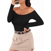 image:imageMANGOPOP Womens Off The Shoulder Long Sleeve Short Sleeve Bodysuit Sexy Backless Body Suit Tops02 Long Sleeve Black
