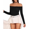 image:imageMANGOPOP Womens Off The Shoulder Long Sleeve Short Sleeve Bodysuit Sexy Backless Body Suit Tops02 Long Sleeve Black