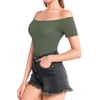 image:imageMANGOPOP Womens Off The Shoulder Long Sleeve Short Sleeve Bodysuit Sexy Backless Body Suit Tops03 Short Sleeve Gray Green