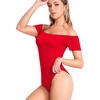 image:imageMANGOPOP Womens Off The Shoulder Long Sleeve Short Sleeve Bodysuit Sexy Backless Body Suit Tops03 Short Sleeve Red