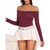 image:imageMANGOPOP Womens Off The Shoulder Long Sleeve Short Sleeve Bodysuit Sexy Backless Body Suit TopsLong Sleeve Burgundy