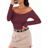 image:imageMANGOPOP Womens Off The Shoulder Long Sleeve Short Sleeve Bodysuit Sexy Backless Body Suit TopsLong Sleeve Burgundy