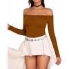 image:imageMANGOPOP Womens Off The Shoulder Long Sleeve Short Sleeve Bodysuit Sexy Backless Body Suit TopsLong Sleeve Camel