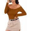 image:imageMANGOPOP Womens Off The Shoulder Long Sleeve Short Sleeve Bodysuit Sexy Backless Body Suit TopsLong Sleeve Camel