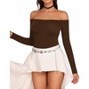 image:imageMANGOPOP Womens Off The Shoulder Long Sleeve Short Sleeve Bodysuit Sexy Backless Body Suit TopsLong Sleeve Coffee