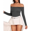 image:imageMANGOPOP Womens Off The Shoulder Long Sleeve Short Sleeve Bodysuit Sexy Backless Body Suit TopsLong Sleeve Dark Heather Grey