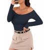 image:imageMANGOPOP Womens Off The Shoulder Long Sleeve Short Sleeve Bodysuit Sexy Backless Body Suit TopsLong Sleeve Deep Blue