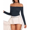 image:imageMANGOPOP Womens Off The Shoulder Long Sleeve Short Sleeve Bodysuit Sexy Backless Body Suit TopsLong Sleeve Deep Blue