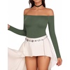 image:imageMANGOPOP Womens Off The Shoulder Long Sleeve Short Sleeve Bodysuit Sexy Backless Body Suit TopsLong Sleeve Grayish Green