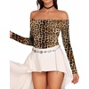 image:imageMANGOPOP Womens Off The Shoulder Long Sleeve Short Sleeve Bodysuit Sexy Backless Body Suit TopsLong Sleeve Leopard