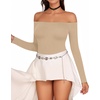 image:imageMANGOPOP Womens Off The Shoulder Long Sleeve Short Sleeve Bodysuit Sexy Backless Body Suit TopsLong Sleeve Light Camel
