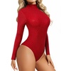 image:imageMANGOPOP Womens Sparkly Mock Turtle Neck Bodysuit Long Sleeve Shiny Rhinestone Body Suits Fall Outfits TopsRed