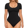 image:imageMANGOPOP Shapewear Bodysuits for Women Tummy Control Scoop Neck Short Sleeve Seamless Thong Compression body shaper TopsBlack