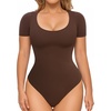 image:imageMANGOPOP Shapewear Bodysuits for Women Tummy Control Scoop Neck Short Sleeve Seamless Thong Compression body shaper TopsCoffe