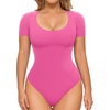 image:imageMANGOPOP Shapewear Bodysuits for Women Tummy Control Scoop Neck Short Sleeve Seamless Thong Compression body shaper TopsPink