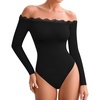 image:imageMANGOPOP Womens Off The Shoulder Long Sleeve Bodysuit Lace Body Suits Sexy Tops Fall Outfit 202501 Black