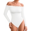 image:imageMANGOPOP Womens Off The Shoulder Long Sleeve Bodysuit Lace Body Suits Sexy Tops Fall Outfit 202501 White