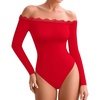 image:imageMANGOPOP Womens Off The Shoulder Long Sleeve Bodysuit Lace Body Suits Sexy Tops Fall Outfit 2025Red