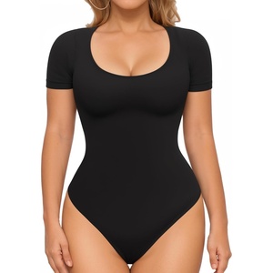 image:imageMANGOPOP Shapewear Bodysuits for Women Tummy Control Scoop Neck Short Sleeve Seamless Thong Compression body shaper TopsBlack