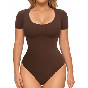 image:imageMANGOPOP Shapewear Bodysuits for Women Tummy Control Scoop Neck Short Sleeve Seamless Thong Compression body shaper TopsCoffe