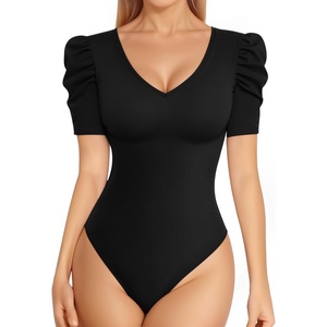image:imageMANGOPOP Womens Bodysuit Deep V Neck Puff Short Sleeve Fitted Body Suits Casual Blouse Tops Elegant01 Black